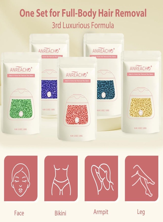 ANREACHO Wax Beads, Anreacho 1.1 lb Hard Wax Beans for Hair Removal, Brazilian, Bikini, Face, Eyebrows, Underarms, Chest, Back, Legs, Wax Refill for Women & Men, Pack of 5 - Image 4